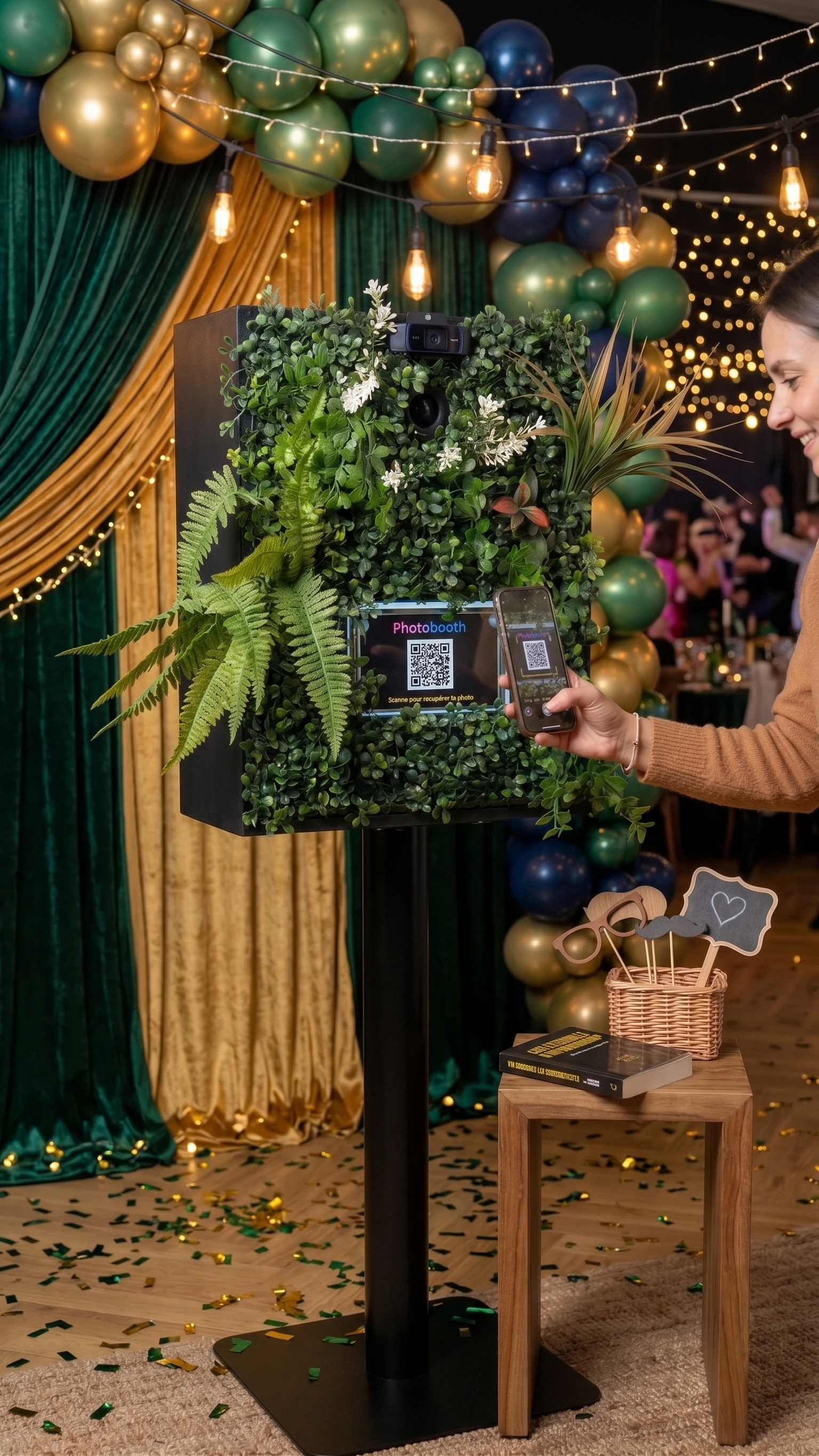 Invité scannant le QR code en direct sur la borne photobooth en soirée