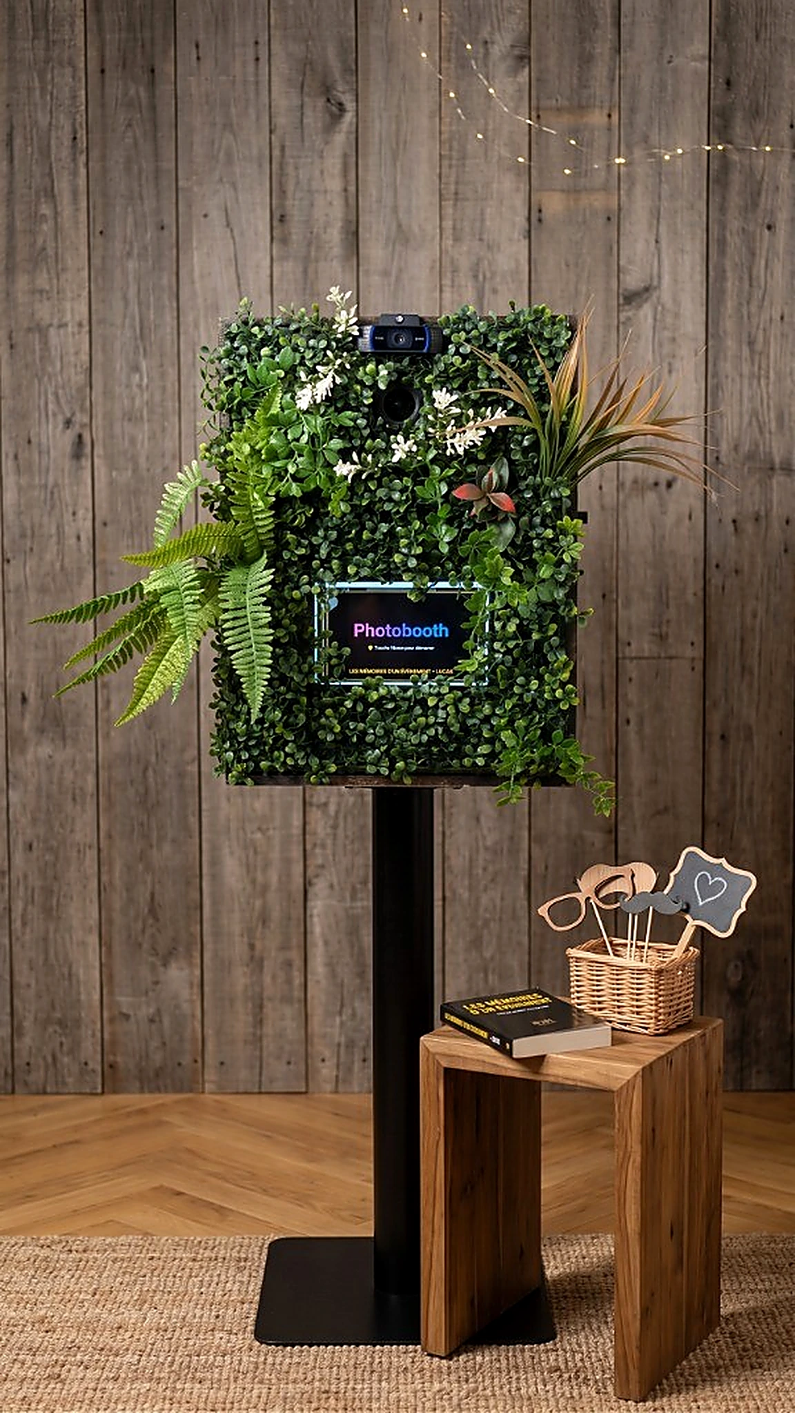 Borne photo végétale chic en bois avec mur floral à Cergy