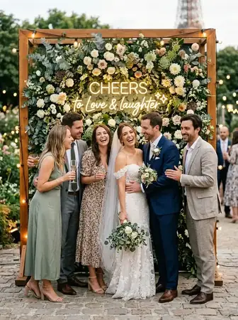 Photo d'invités souriants devant le décor végétal